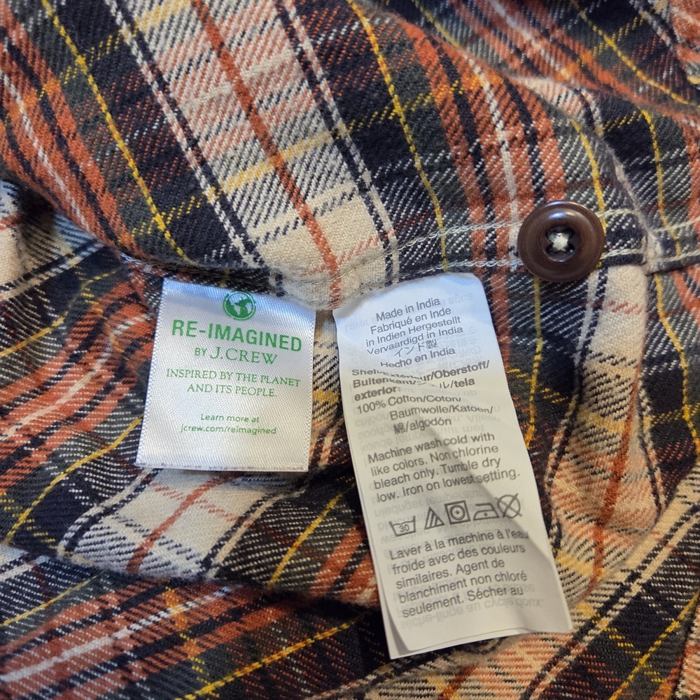 J Crew California Midweight Flannel Button Orange Plaid Slim Mens M Lumberjack - Picture 6 of 8